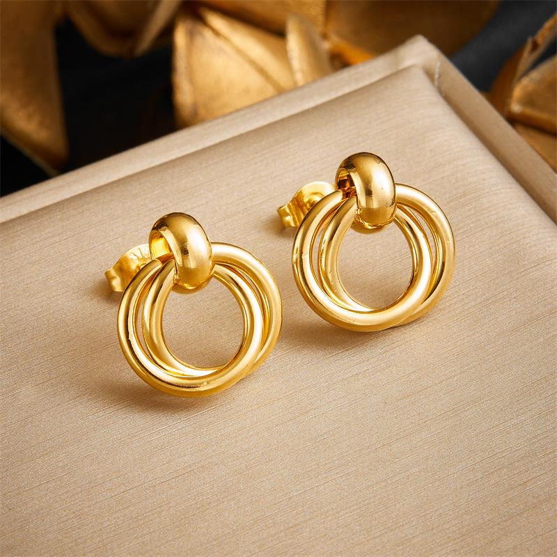 Gold Plated Stainless Steel Triple Hoop Drop Earrings For Women