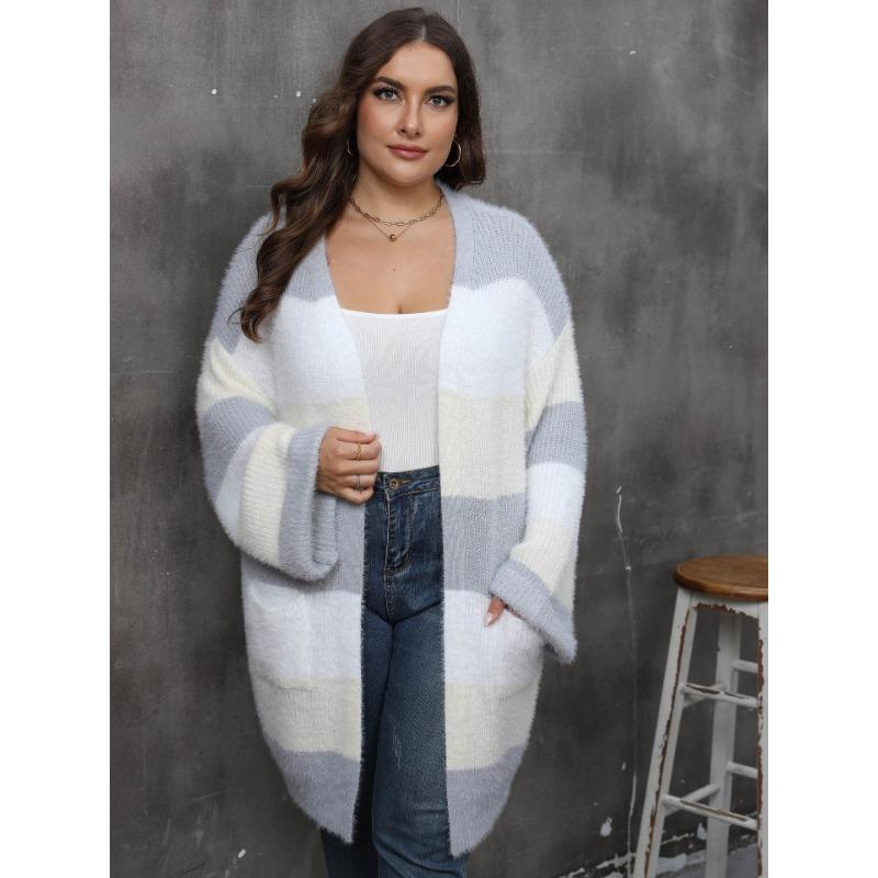 Women S Plus Size Striped V Neck Long Sleeve Knit Cardigan Coat
