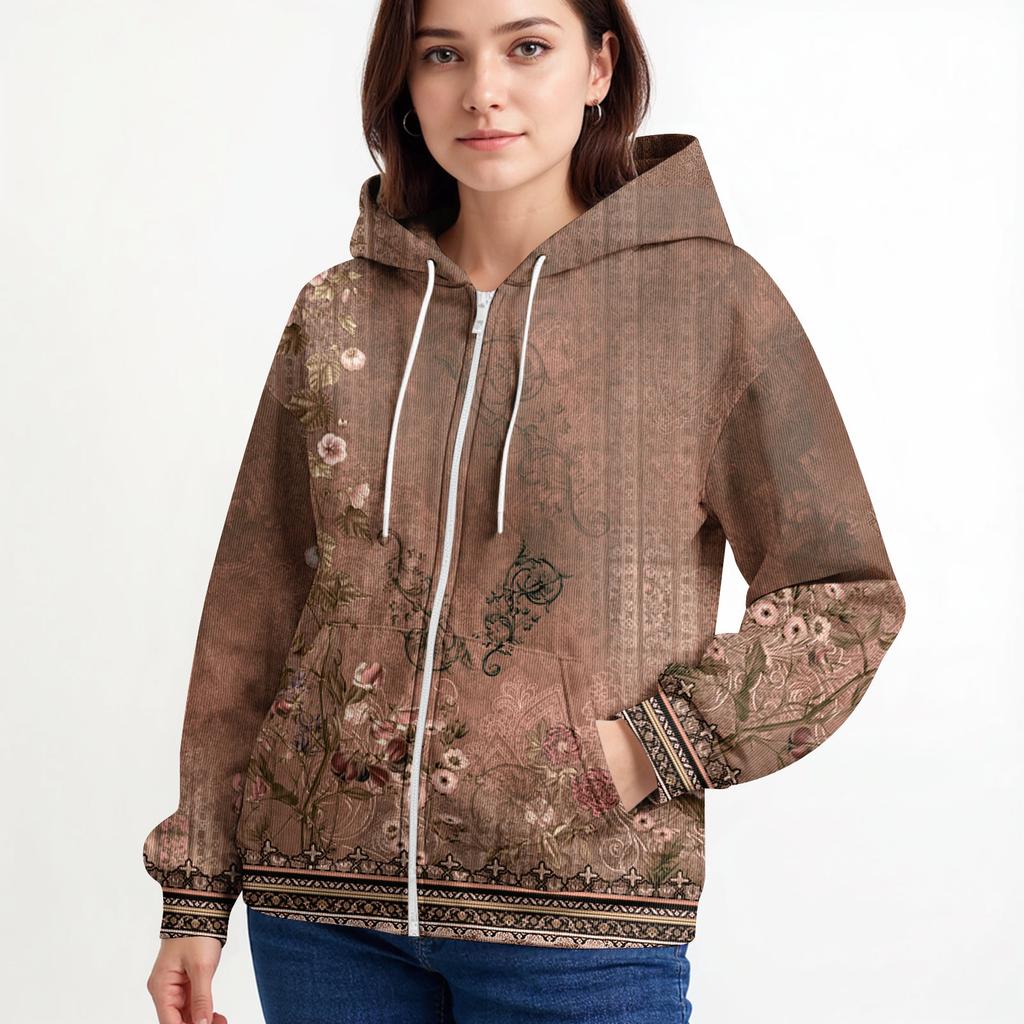 Damen Freizeitmode Langärmiger Strick-Hoodie mit Reißverschluss und Weihnachtsdruck