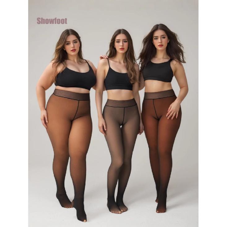 Plus Size Black Sheer Fleece Lined Tights Transparent Women's Semi-Transparent Warm Pantyhose Tights