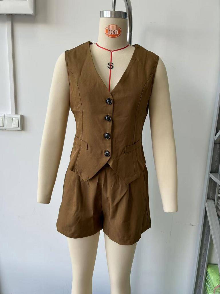 2025 Elegancki Damski Zestaw Dwuczęściowy Kamizelka z Dekoltem w Serek Zapinana na Guziki i Szorty