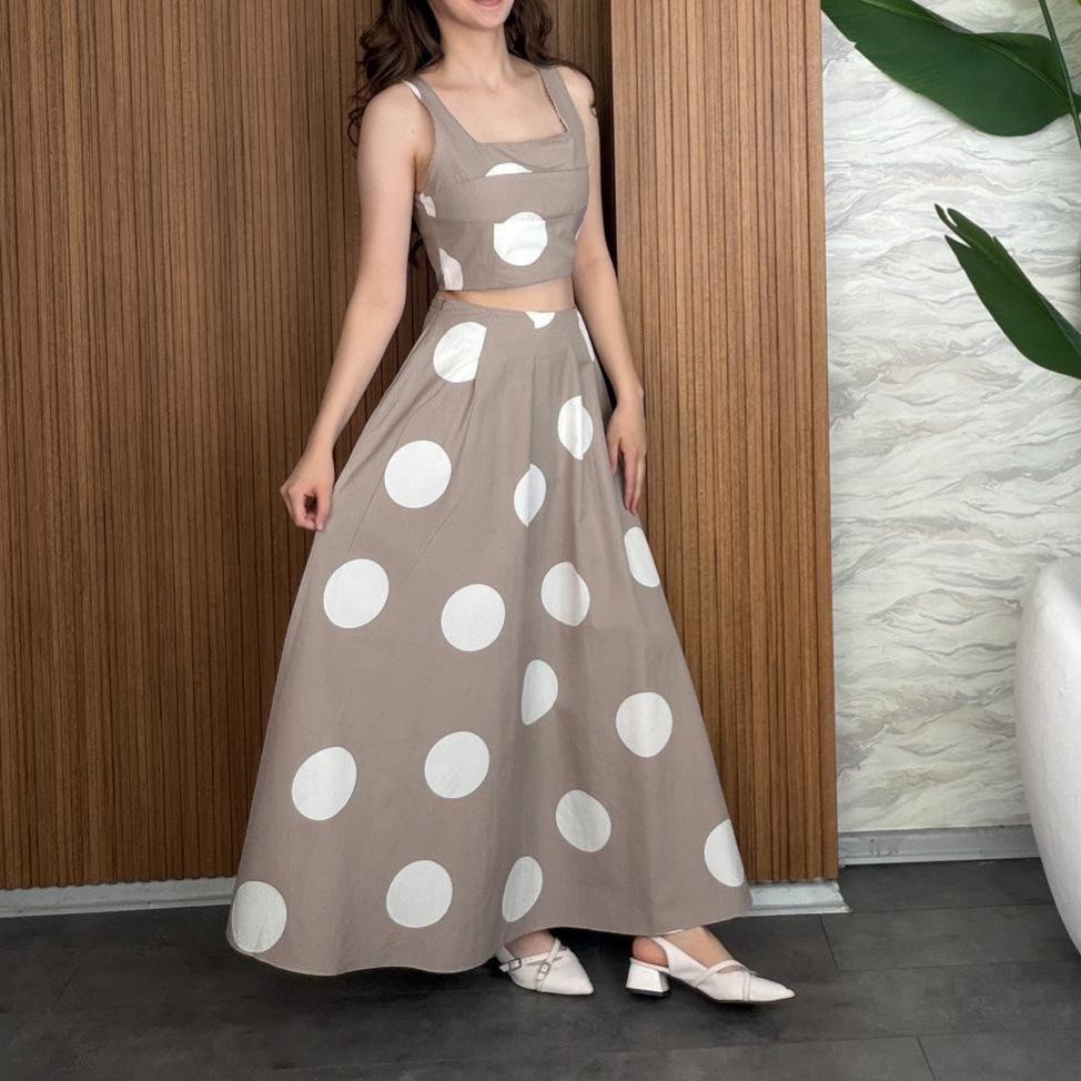  European and  women's clothing new big polka dot suspender short top high waist wide pendulum long skirt temperament set