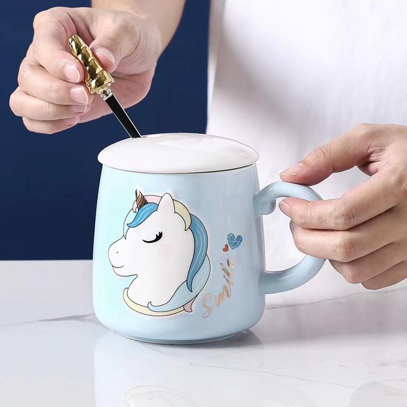 Einhorn Tasse mit Deckel Löffel Super Süß Niedlich Cartoon Keramiktasse Große Kapazität Haushalt Kreative Wassertasse