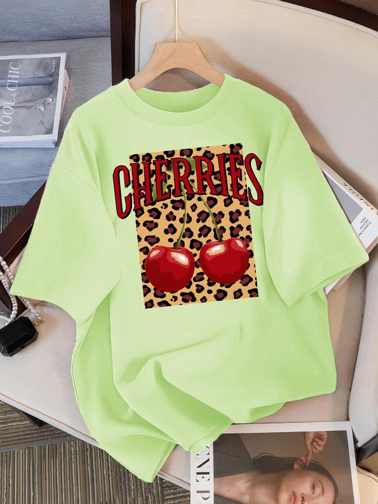 Leopard Cherry Creative Design Womens Tee Shirts Cotton Casual T Shirt Summer O-Neck Streetwear Soft Oversized Short Sleeve