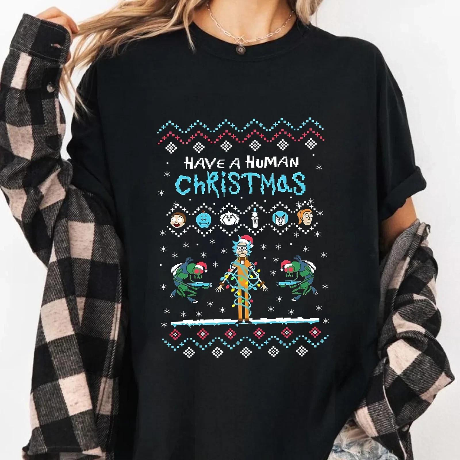 Rick and Morty Christmas T-Shirt Have a Human Xmas Funny Ugly T-Shirt XXL