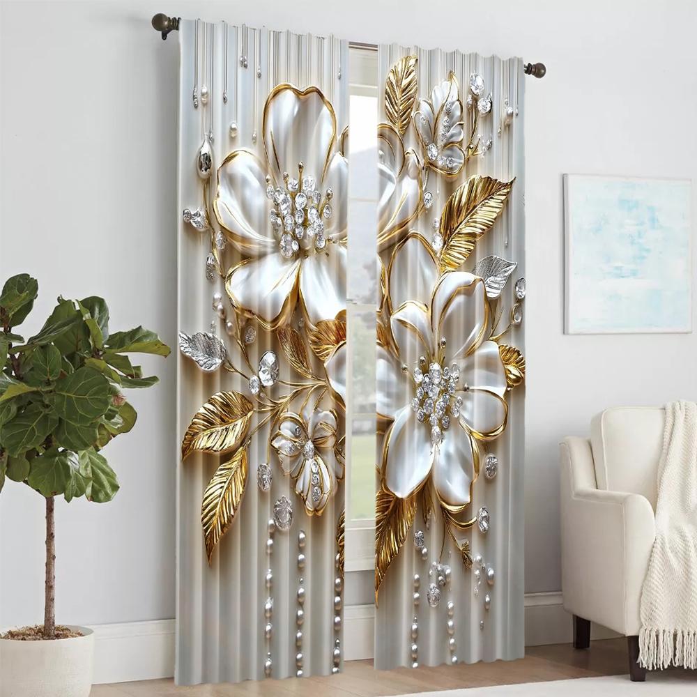2Pcs Floral Botanical Print Curtains Rod Hole Design Polyester Perfect For Living Room Bedroom Kitchen Elegant Home Decor
