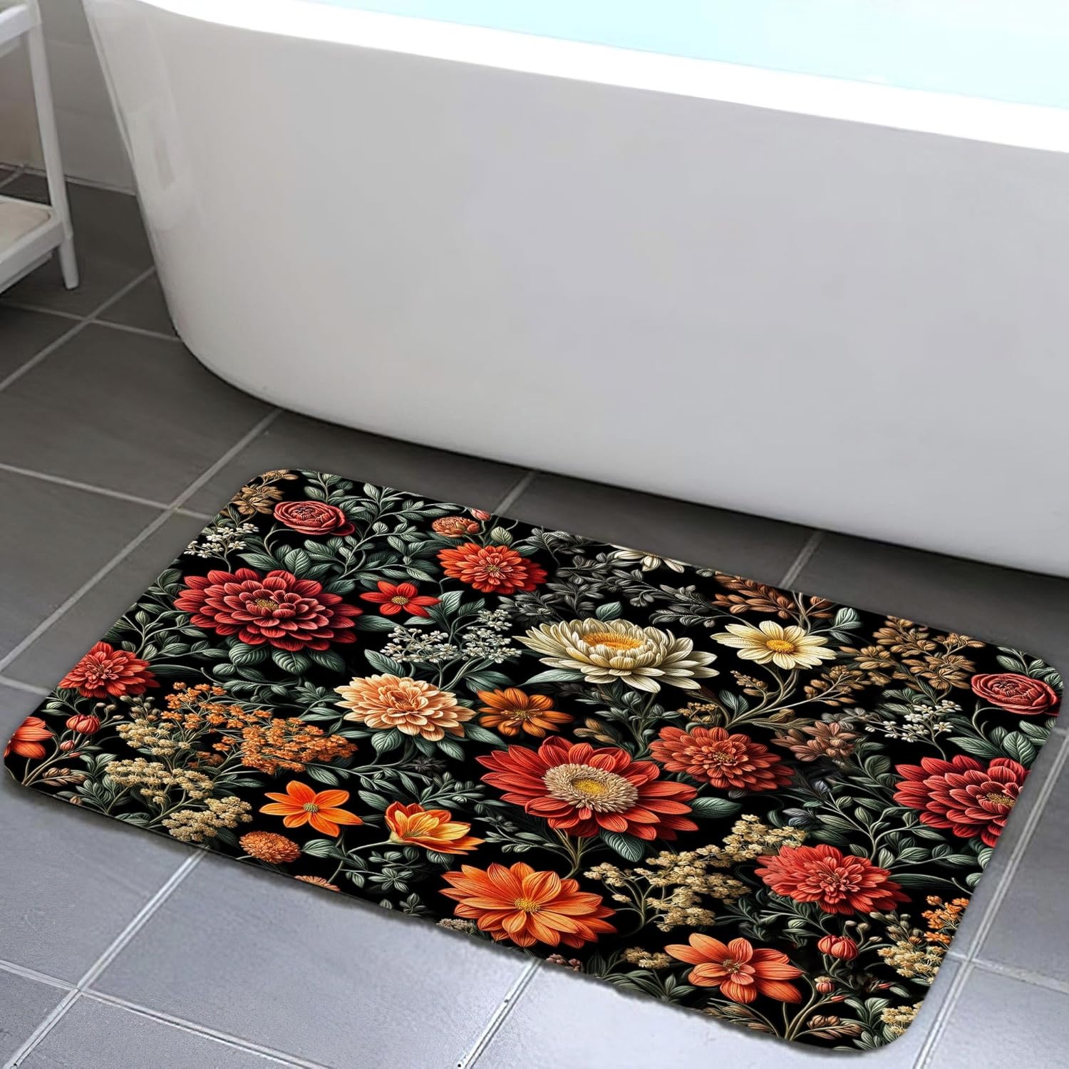 Boho Floral Bath Rugs for Bathroom, Abstract Mid Century Bohemian Botanical Flowers Tropical Leaves Non Slip Flannel Bathroom Ru 40x60cm