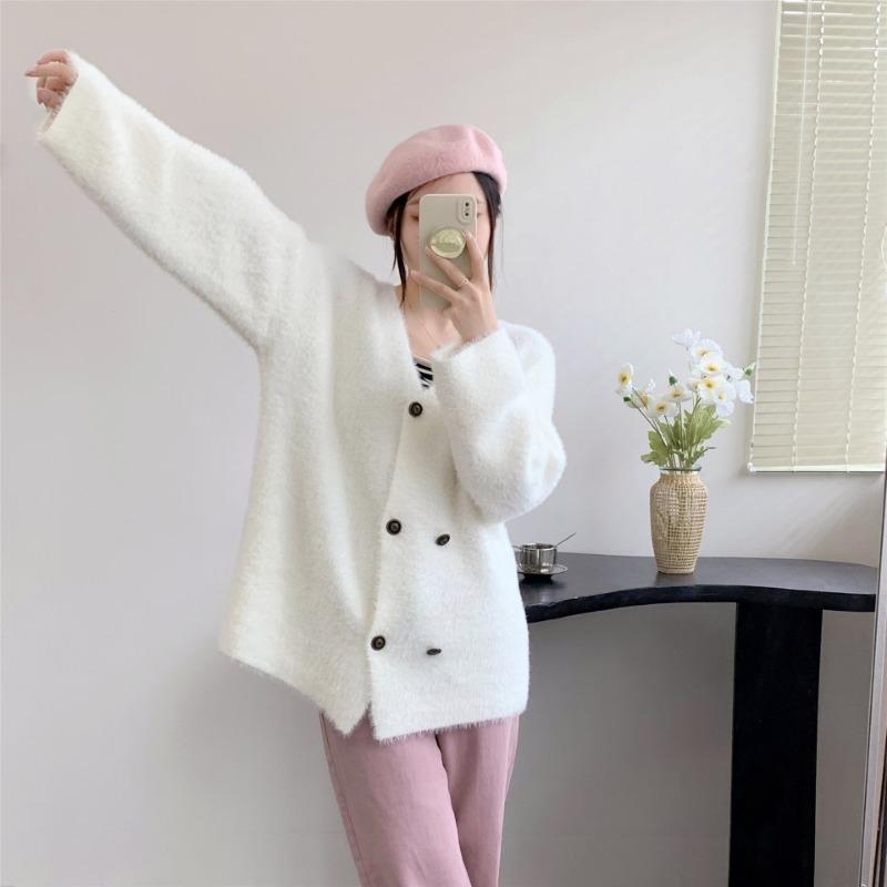 Double-breasted imitation mink cardigan sweater women's autumn new thickened lazy loose and comfortable knitted sweater jacket