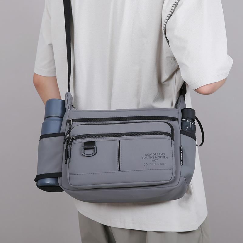 Multi-Zipper Pocket Men Shoulder Crossbody Bag with Bottler Holder Large Space Casual Messenger Bag for Outdoor Daily Use