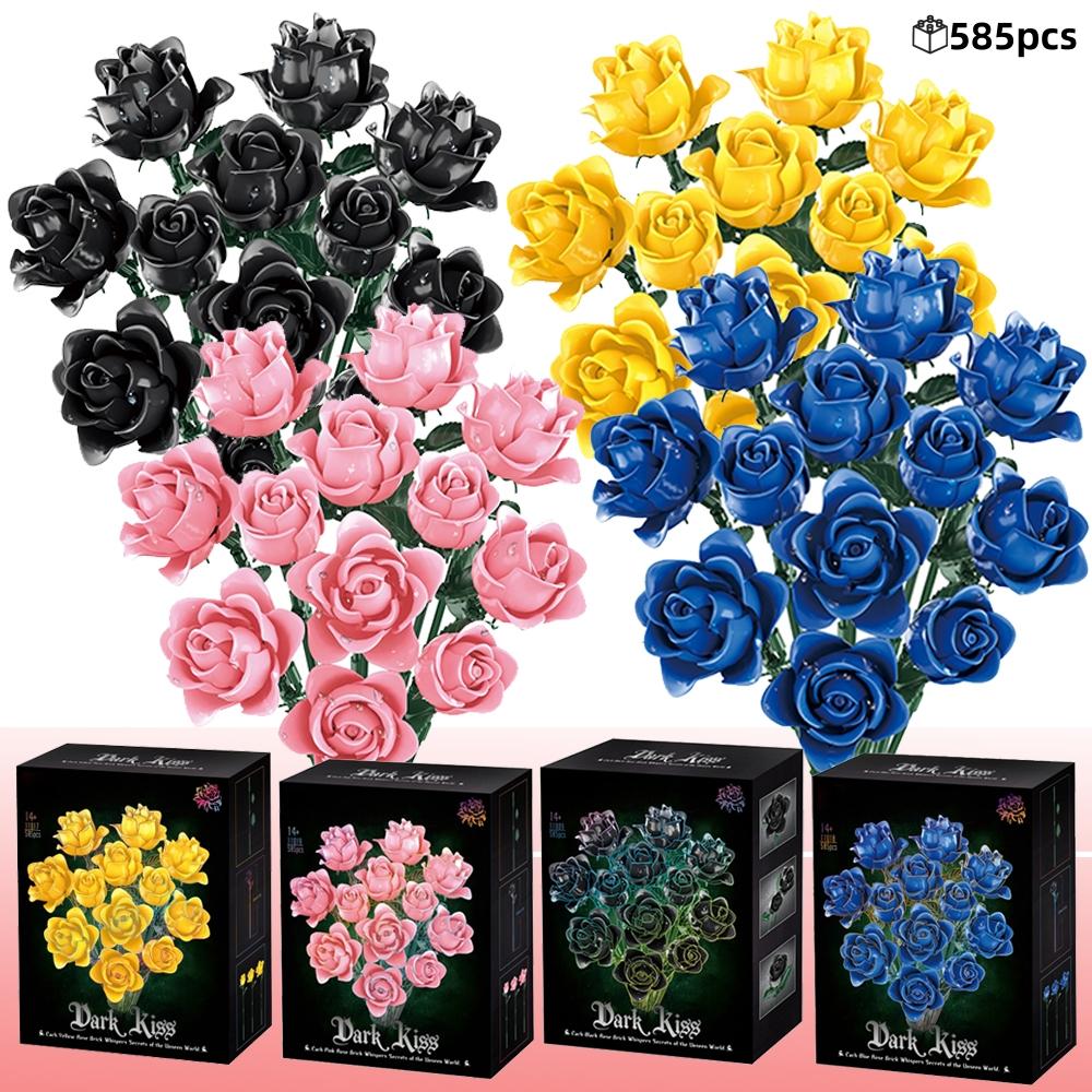 585Pcs Gothic Black Pink Blue Rose Flower Bouquet Building Blocks Set Creative Decoration Valentine Gift Idea Beautiful Box