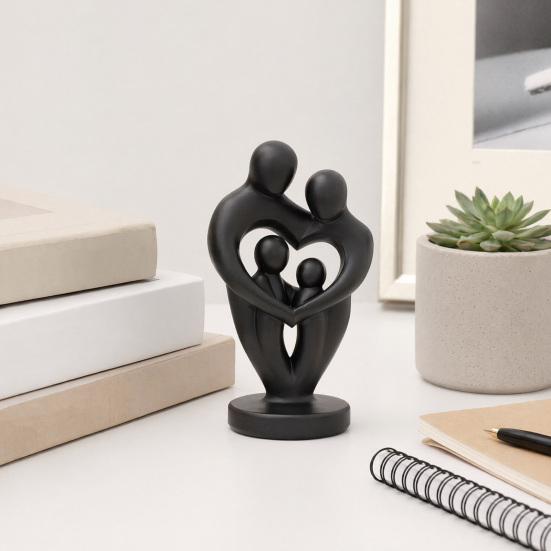 Abstract Woman Statue, Matte Black Resin Art Sculpture, Family of Four Hollow Love Shape Statue for Modern Minimalist Home Decor