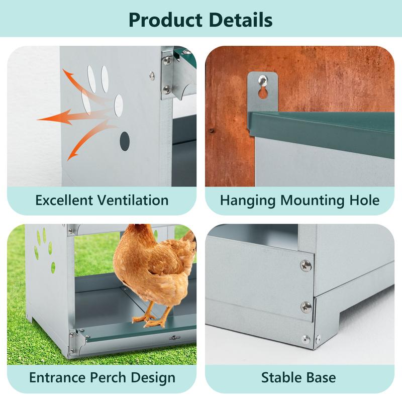 4 Compartment Wall Mount Galvanized Metal Chicken Nesting Boxes, Heavy Duty Egg Laying Nest Box for All Breeds of Hens