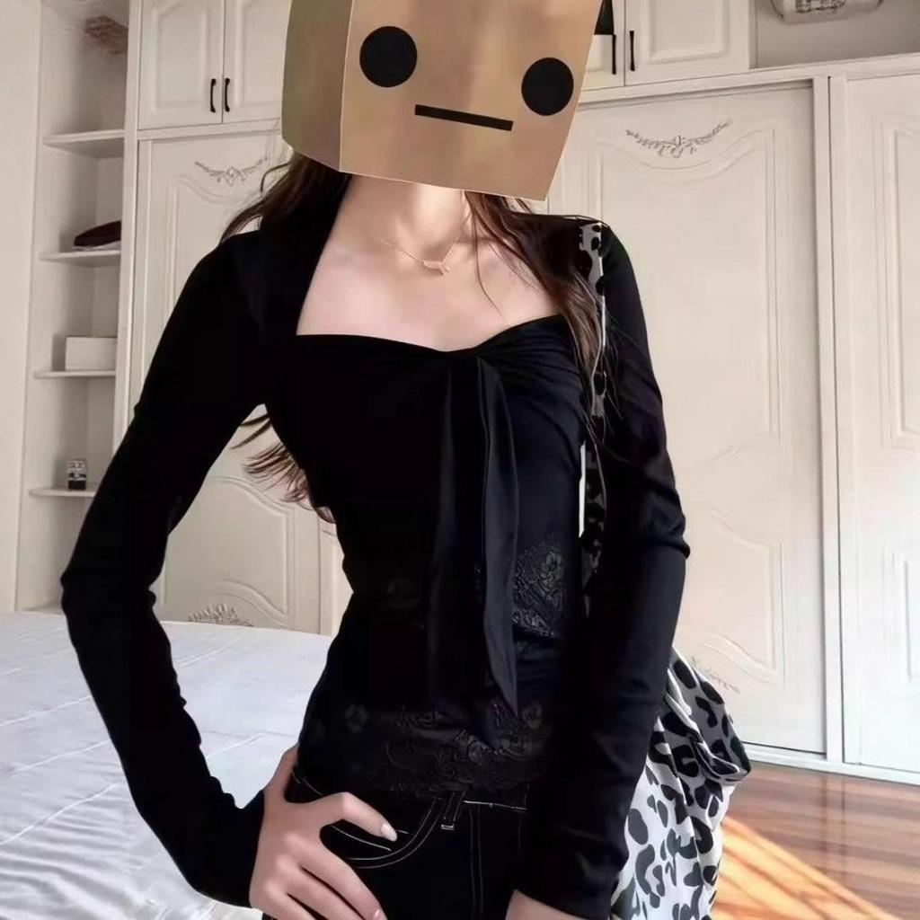 Pure Desire Spicy Lace Patchwork Long Sleeve T-shirt - Women's Autumn/Winter Niche Design Exquisite Top