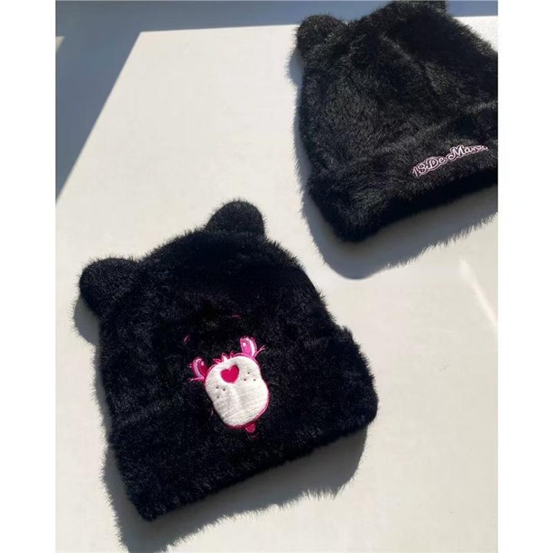 

Двусторонняя розовая шапка-бини с плюшевыми львиными ушками для женщин - Уютный вязаный аксессуар для осени/зимы One Size 54-60cm