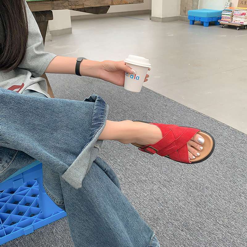 Krazing Pot Cow Suede Nubuck Summer Size 40 Outside Slippers Flat Platform Flip Flops Low Heels Women Peep Toe Sandals