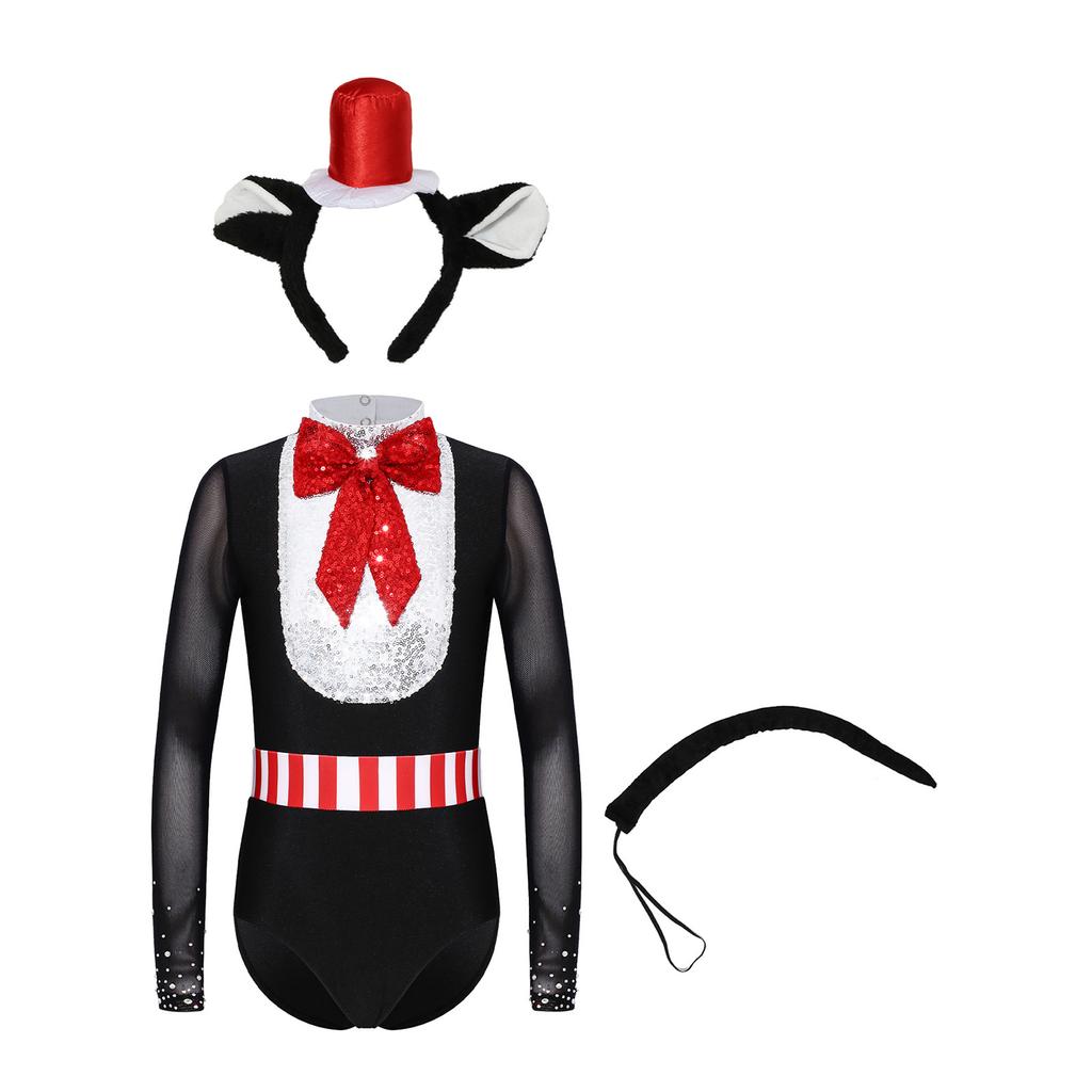 Kids Themed Party Halloween Costume Mock Neck Long Sleeve Bowknot Sequin Mesh Patchwork Bodysuit with Hair Hoop Faux Tail for Cosplay Stage