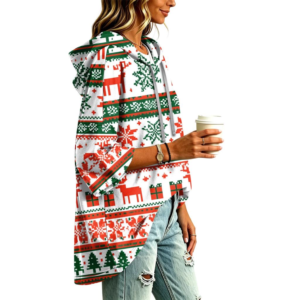 Women's Christmas Print Three-Quarter Sleeve Hooded Pullover Top