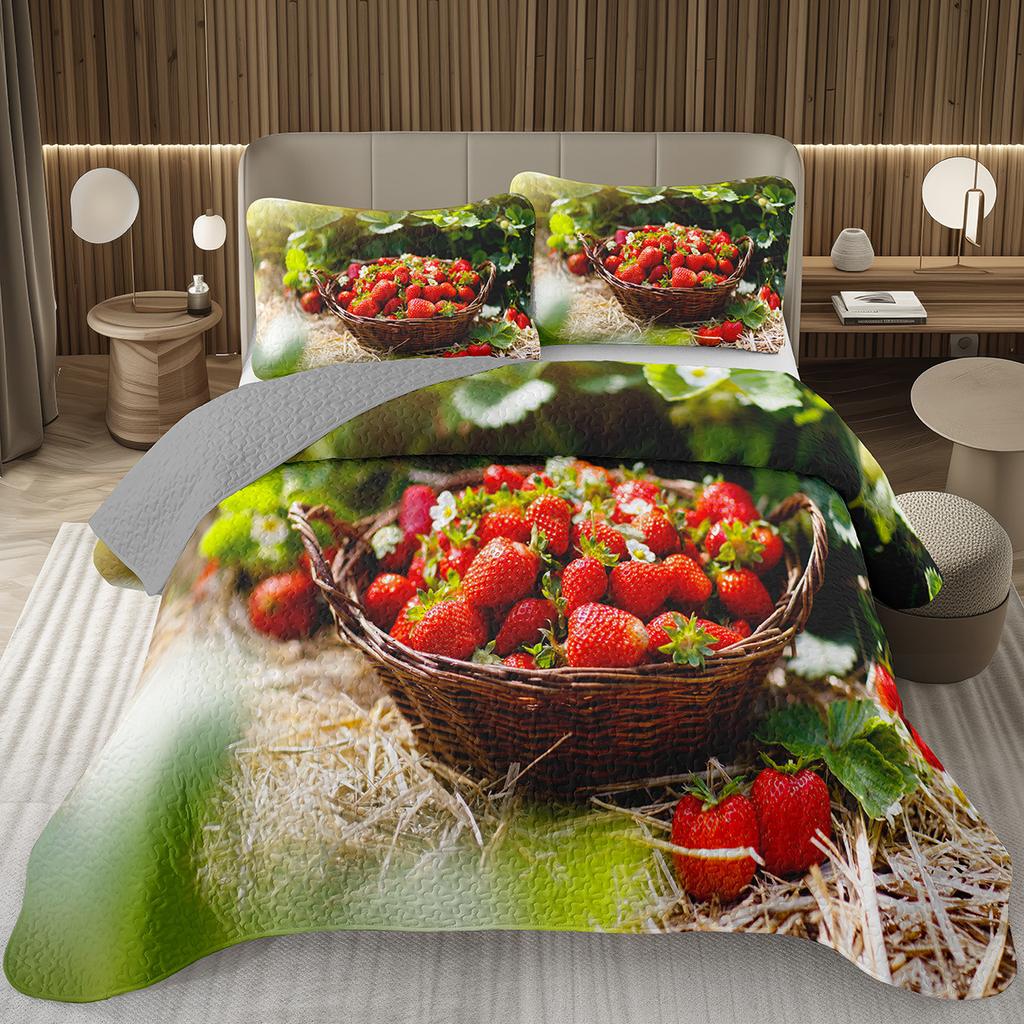 Strawberry Bedspread Kawaii Fruit Coverlet Twin King Size Cute Strawberries Quilt Set For Kids Girls Teens Adult Bedroom Decor