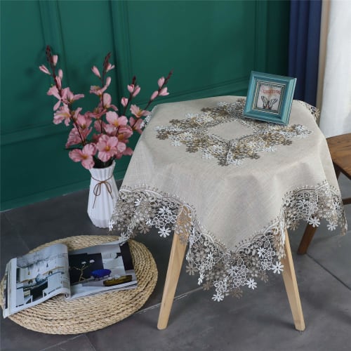 

Linen Tablecloth, 110x110cm, Square, Embroidered Lace, Soft Floral Pattern, Gray, Table Cover, Table Mat, Room