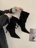 2025 autumn and winter new French retro pointed-toed stiletto short boots women's suede pleated piled boots high-heeled western boots