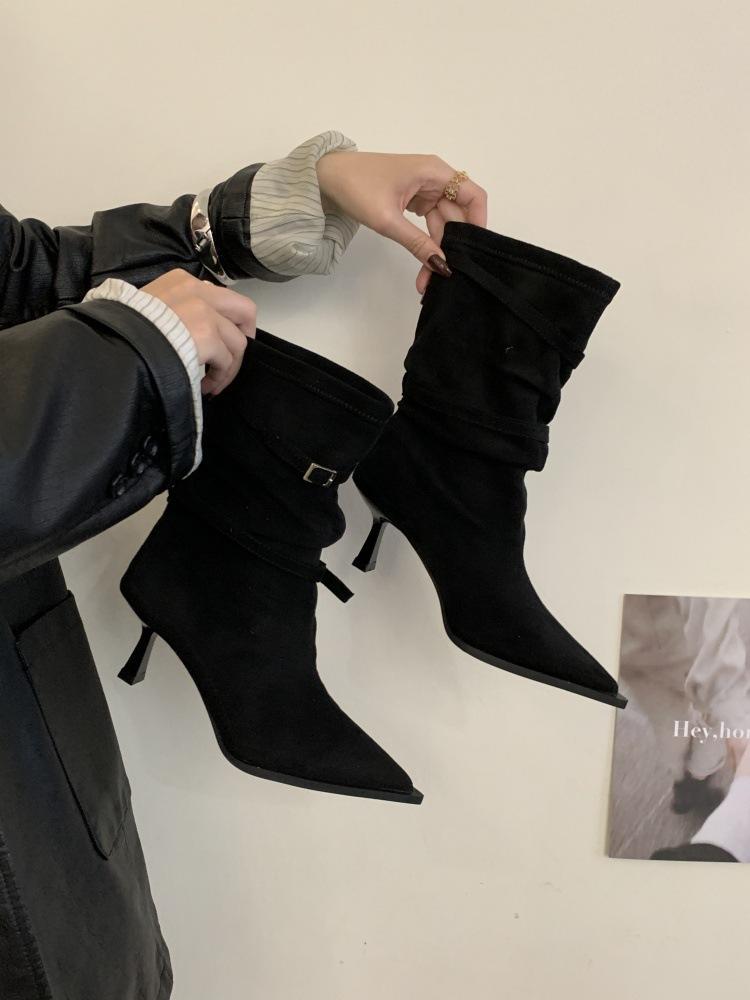 2025 autumn and winter new French retro pointed-toed stiletto short boots women's suede pleated piled boots high-heeled western boots