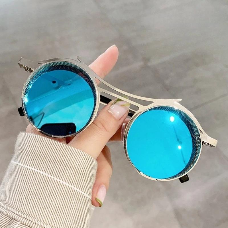 Lunettes de soleil tendance style Steampunk Rétro pour hommes Monture ronde métallique creuse Verres résistants aux UV Lunettes de protection d'extérieur Plage Pêche