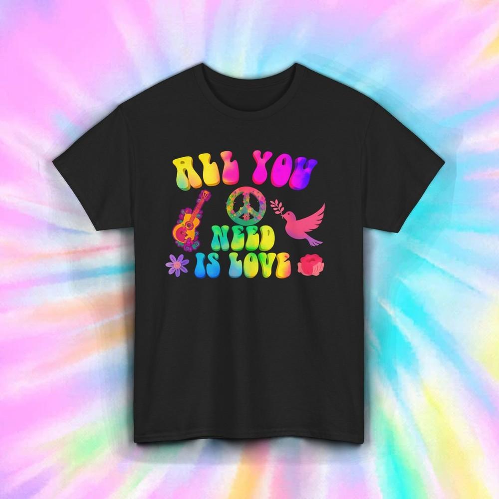 

All You Need Is Love Shirt Retro Hippie Peace Guitar Flower Rainbow Tee S-5XL 4XL