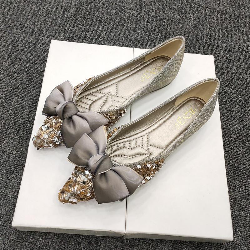 Evening Shoes Soft-soled Rhinestone Bow Bridesmaid Single Shoes Women's Spring New Versatile Pointed Head Shallow Mouth Flat Bottom Ladyshoes
