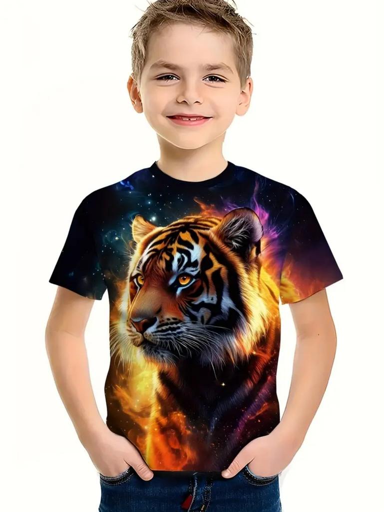 Cool Wolf Boy T-Shirt Tiger 3D Print Kids Short Sleeves Casual Comfortable Boys' Top Tees Outdoor Breathable Lightweight Clothes
