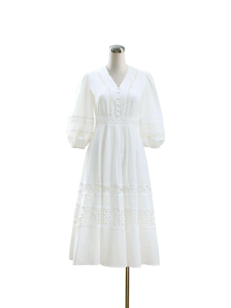 Hand-Crocheted Lace Trim V-Neck Lantern Sleeve Beach Dress - French Hollow Out Style
