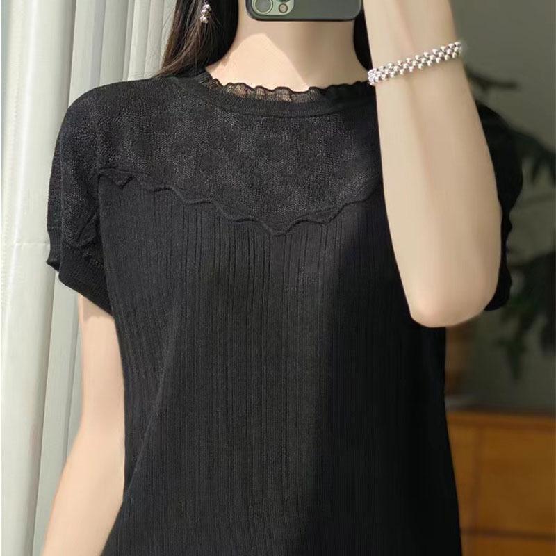 

Французский трикотажный свитер из ледяного шелка класса люкс для женщин с коротким рукавом, летняя базовая футболка с жаккардовым узором и кружевным воротником, модный пуловер XXL