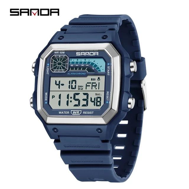 SANDA 6196 Relógio Digital Masculino Pulseira de Silicone Quadrado Eletrônico LED Alarme Contagem Regressiva Tempo Duplo À Prova d'Água Esportivo Casual
