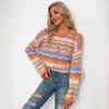 Women Bohemian Round Neck Loose Sweaters Long Sleeve Crochet Knit Pullover Tops Plus Size