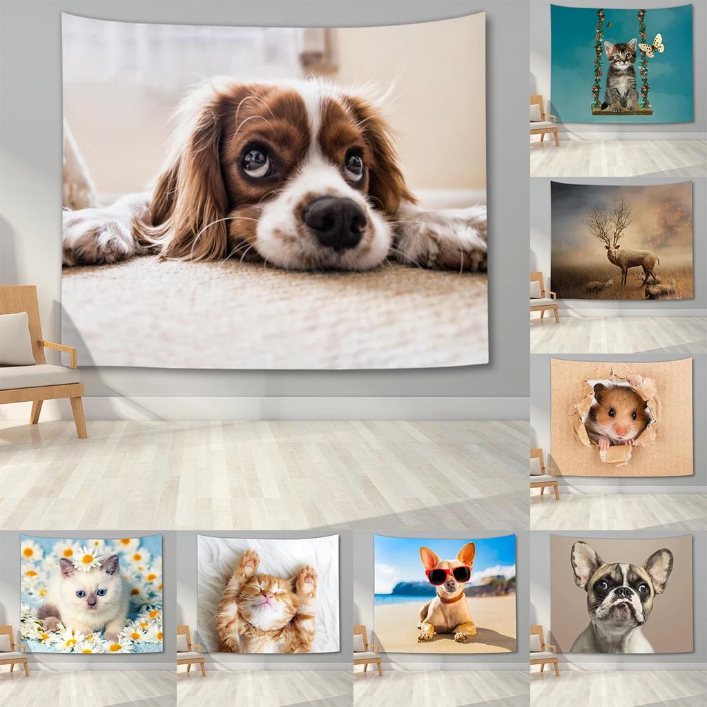 Cute Animal Tapestry Wall Hanging   Art  Printed Dog Cat Hamster Deer Pattern Living Room Home Decor