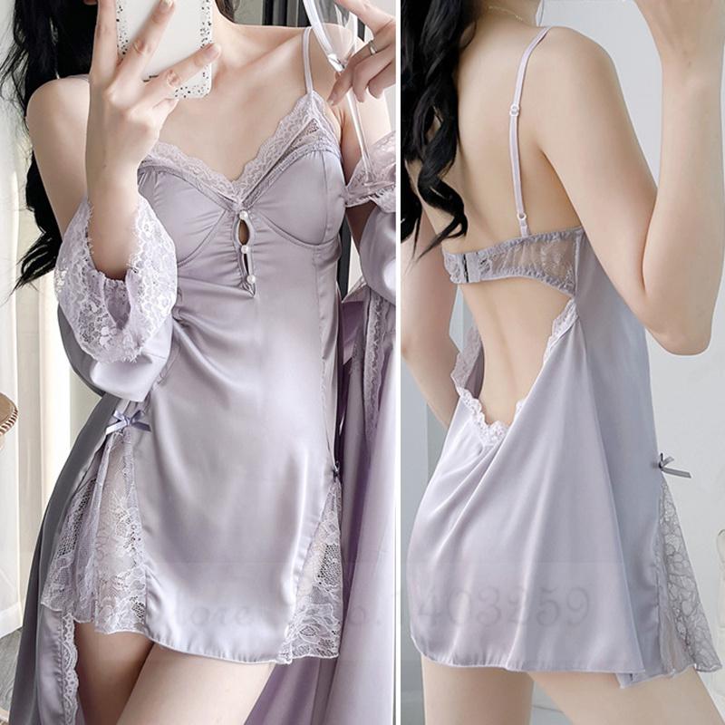 Dámská noční košile a župan Set Noční košile Sexy Patchwork Krajka Intimní spodní prádlo Noční košile Růžový satén Svatba Šaty Volné domácí oblečení