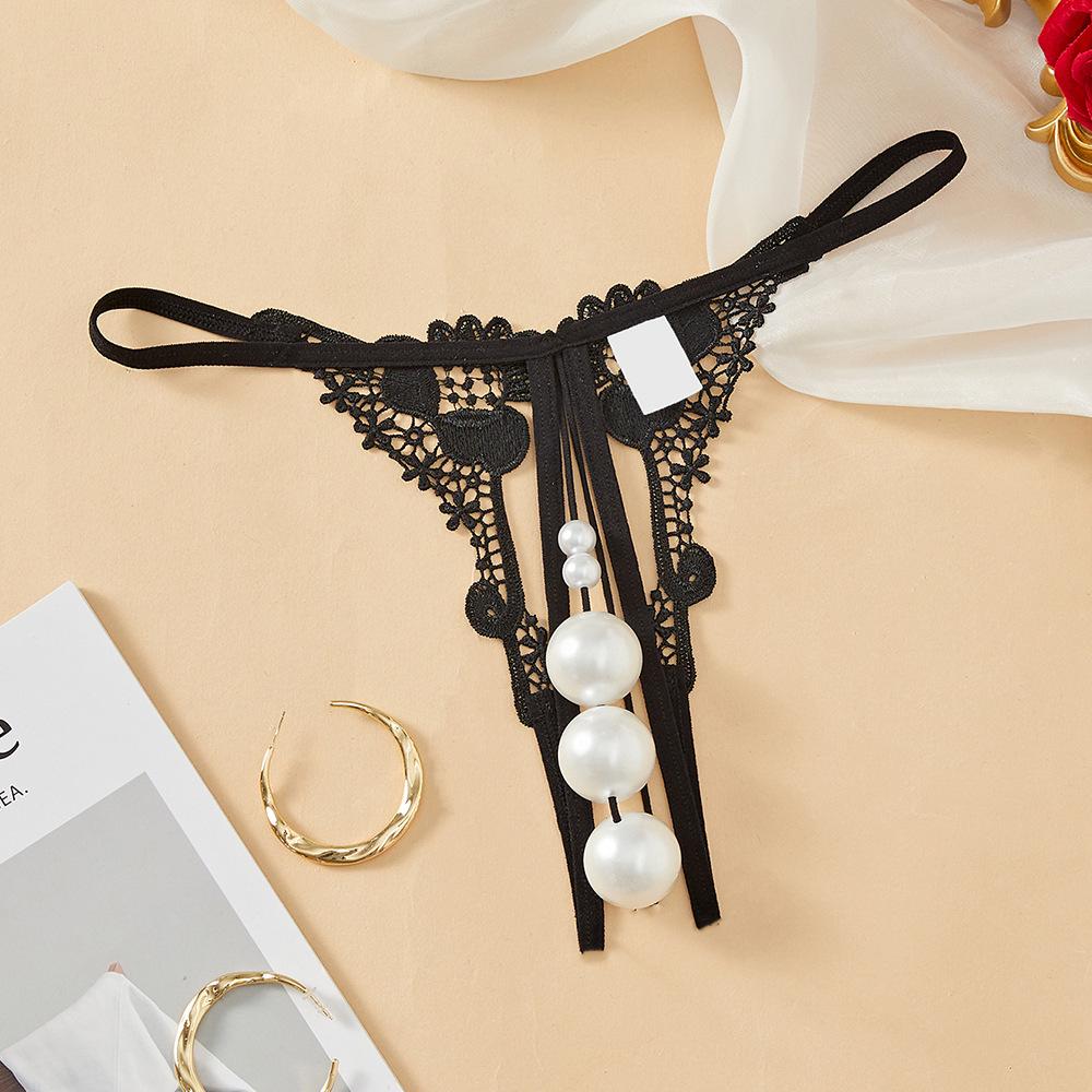 Lace & Pearl Beaded Open Crotch Thong - Plus Size Sexy See-Through Low-Rise Panties for Women