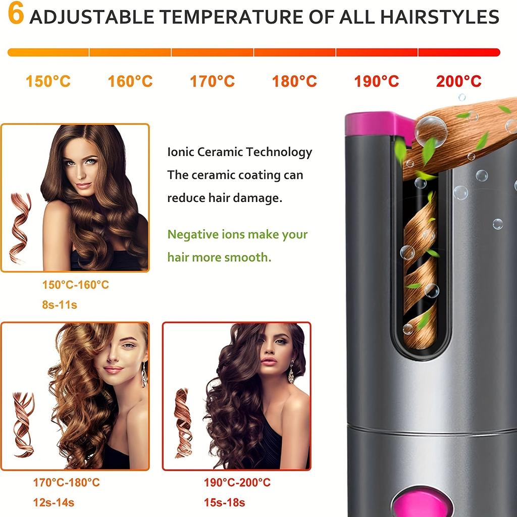 Automatic Cordless Hair Curler, Portable USB Rechargeable Curling Iron, LCD Display, Suitable For Travel And Quick Styling