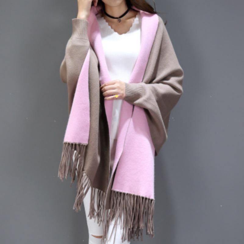 Women'S Double-Sided Shawl, Scarf, Dual-Purpose Fringed Thickened Long-Sleeved Cashmere-Blend Cape Jacket