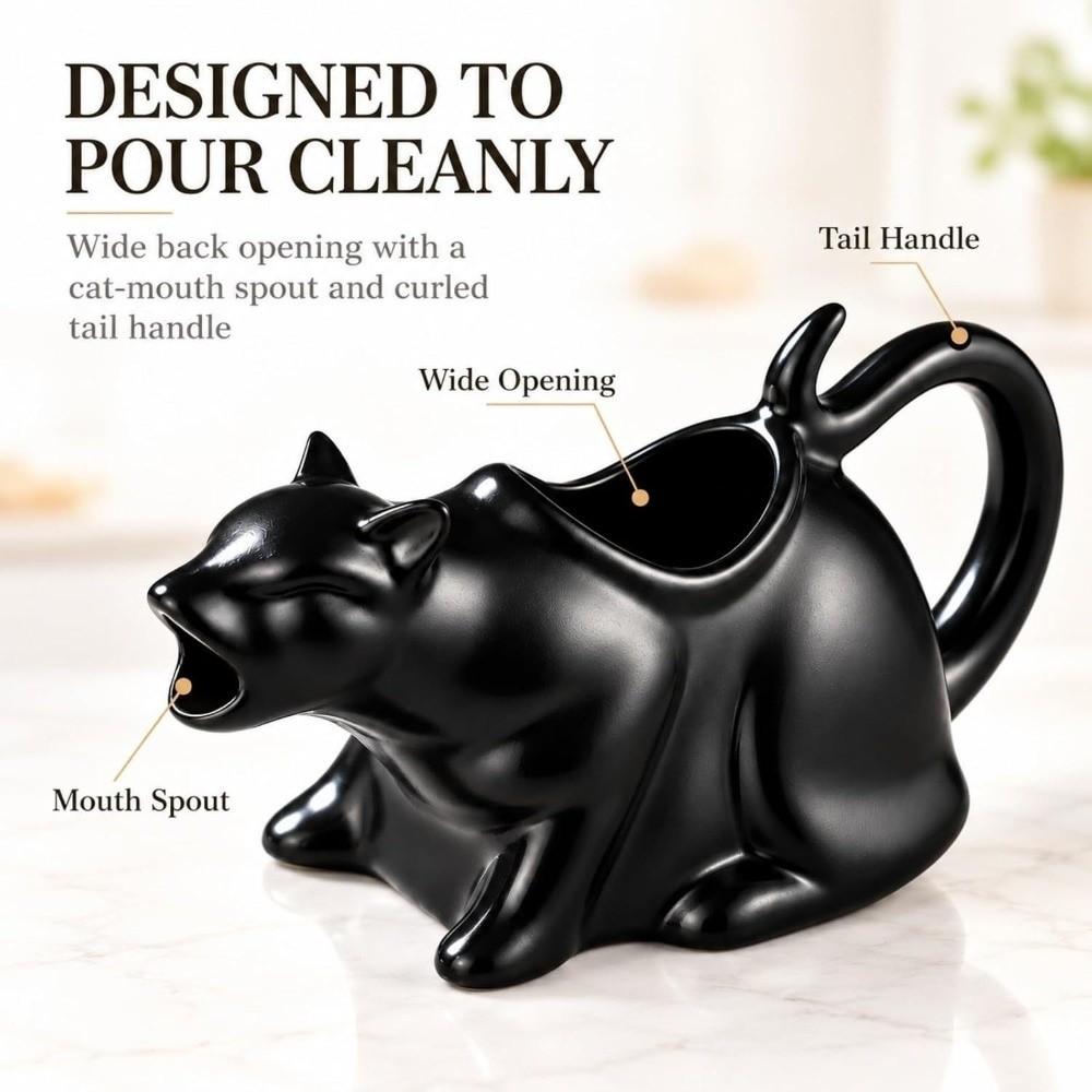Curved Tail Handle Ceramic Cat Gravy Pitcher Animal Sculpture Cat Milk Jug Figurine Kitchen