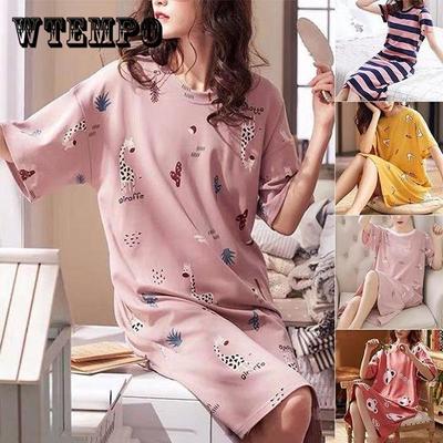 Women's Spring Summer Cartoon Printed Short Sleeve Cotton Pajamas Ladies Large Size Casual Crew Neck Nightdress