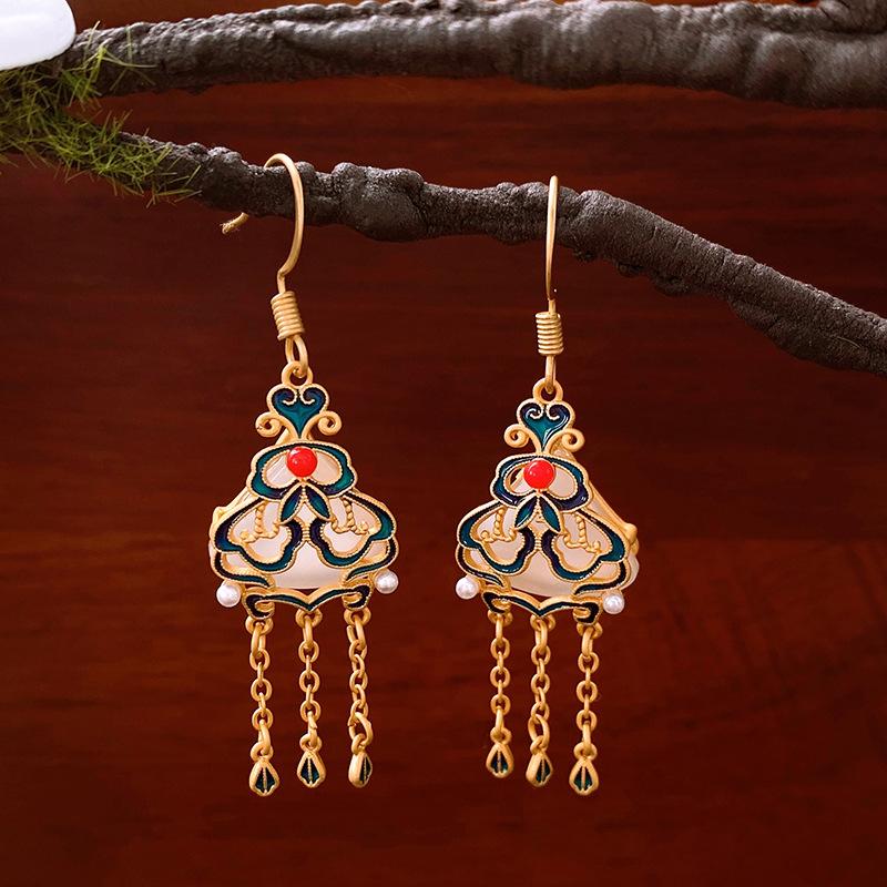 New Chinese Style Oil Drop Butterfly Flower Gourd Pearl Fringed Earrings Retro Ear Hook Light Luxury National Style Earrings Women