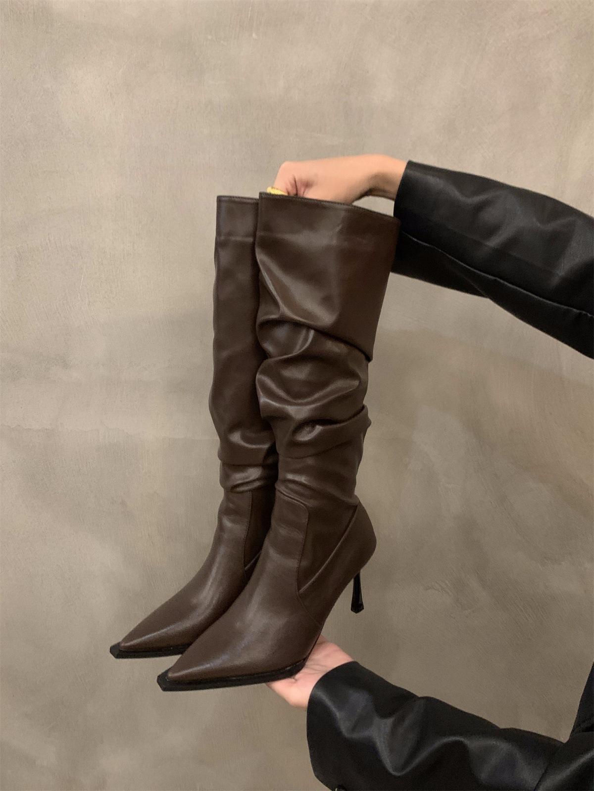 

Сапоги на высоком каблуке с острым ворсом, женская обувь 2024 года, новые осенне-зимние белые сапоги на узких каблуках, средние и длинные 40 темно-коричневого