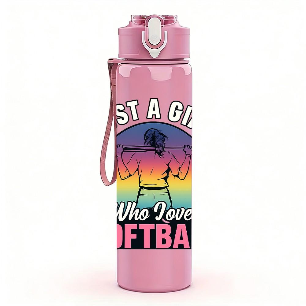 1PC Just A Mom Who Loves Softball 750ml Color Plastic Sports Water Bottle Leakproof Flip Straw Lid Suitable for Sports Office Home Use