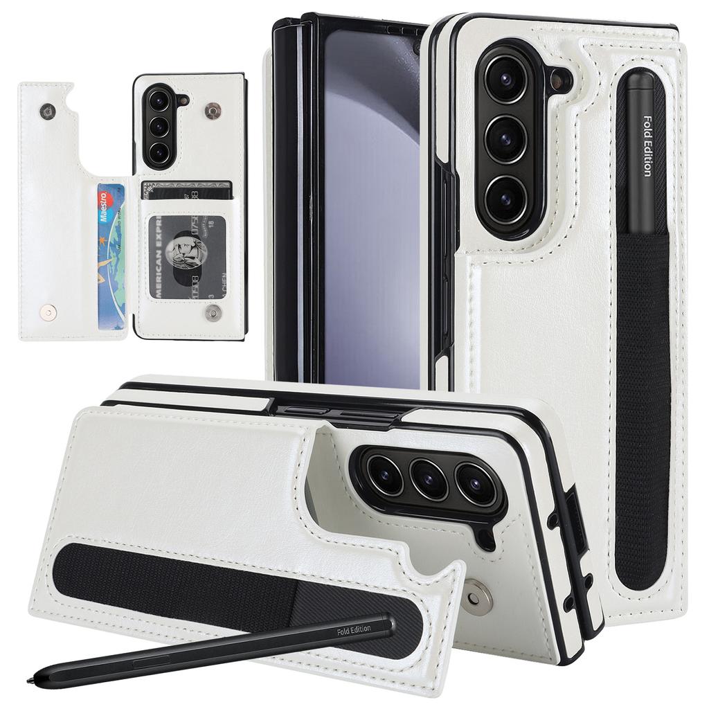 Adatto per Custodia per Cellulare con Schermo Pieghevole Samsung Z Fold7 Doppia Fibbia Porta Penna Fold3 4 5 6 Porta Carte Custodia in Pelle Tinta Unita