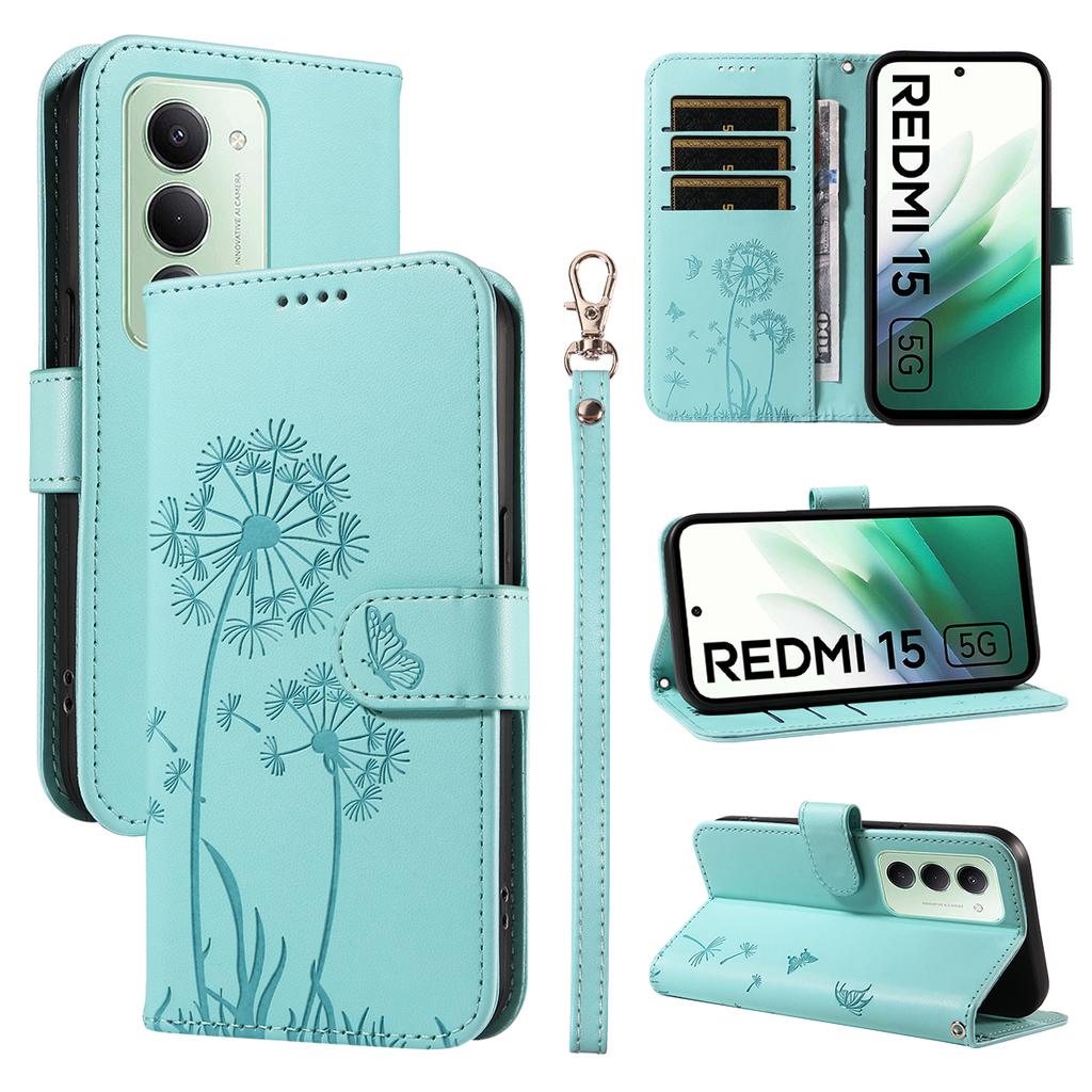 For Xiaomi Redmi 15 5G (Global) (169mm) Leather Wallet Case with Strap Dandelion Imprint Phone Stand Cover