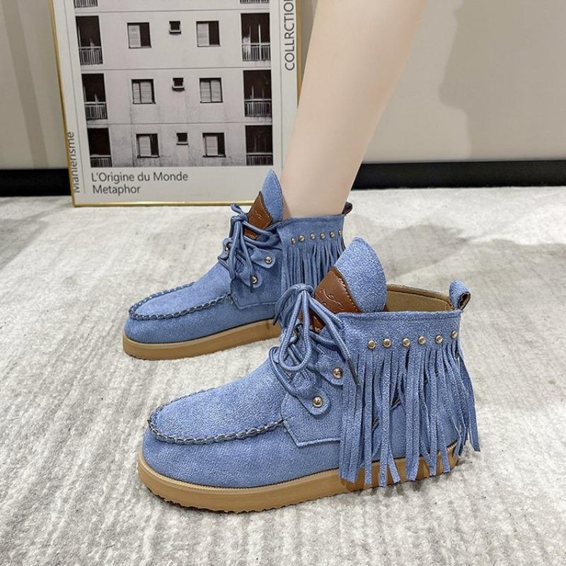 Large size retro fringed short boots for women's autumn and winter new wind lace-up flat-bottomed Zhuotian short boots for women