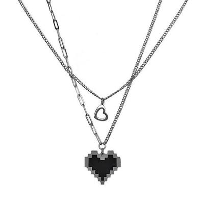 Black Mosaic Peach Heart Double-Layer Necklace - Hip Hop Cold Style