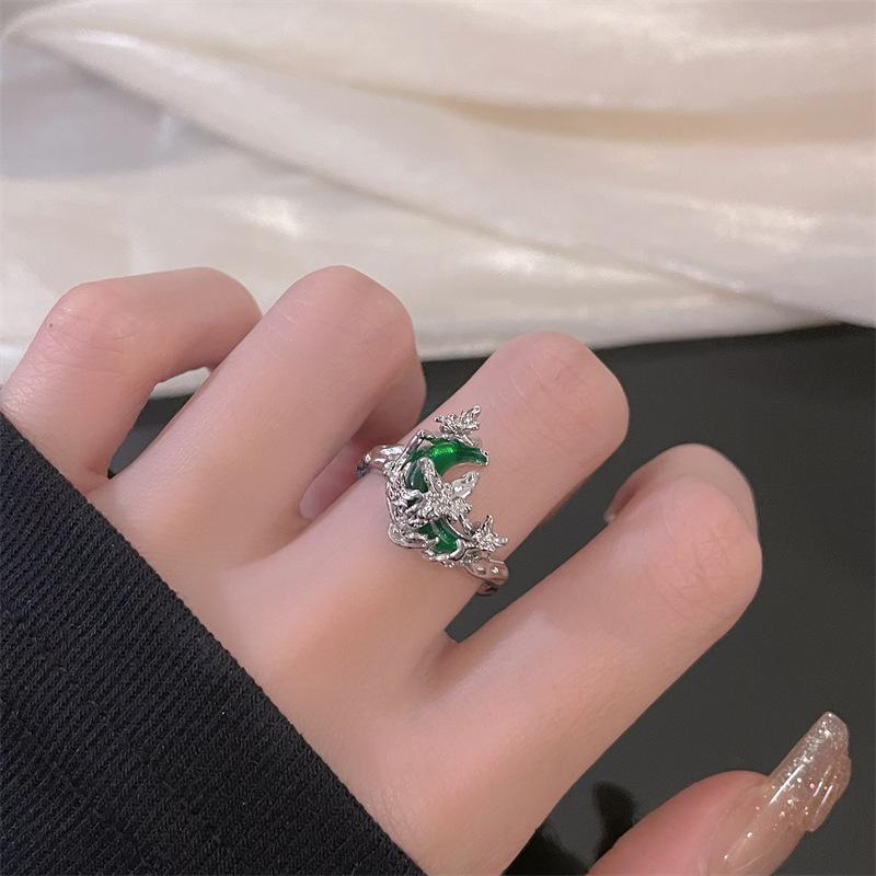 French Green Moon Series Open Ring Niche Design Fashionable High-End Individual Cold Wind Ring Woman