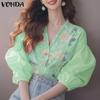 VONDA Summer Women Lapel Neck Floral Print Patchwork Button Down Casual Blouse