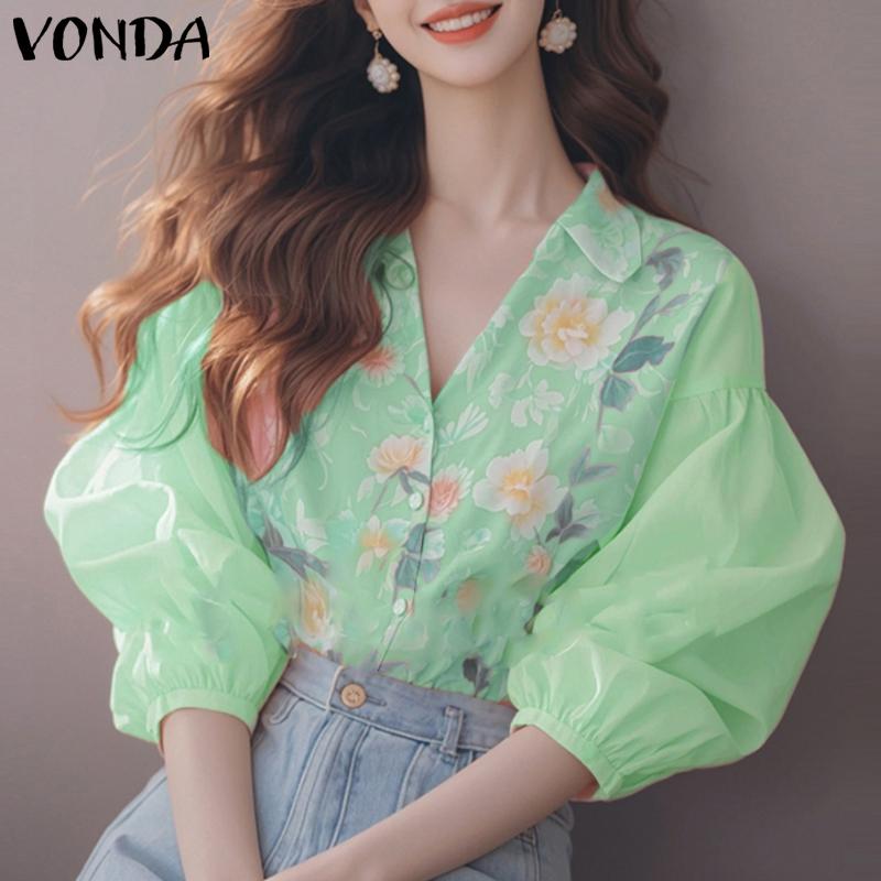 VONDA Summer Women Lapel Neck Floral Print Patchwork Button Down Casual Blouse